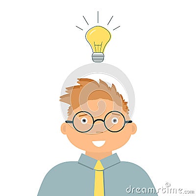 Concept of business idea: Smiling man accountant or auditor with included burning light bulb above head as a metaphor or symbol of Vector Illustration