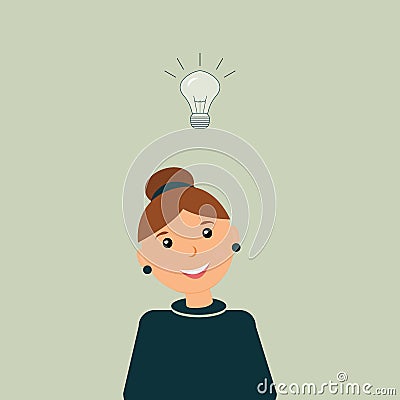 Concept of business idea:Very kind beautiful smiling woman accountant with included burning light bulb above head as a metaphor or Vector Illustration