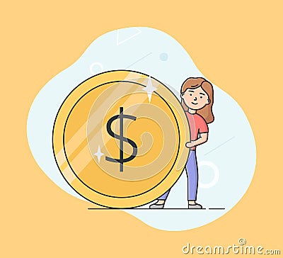Concept Of Business Investment And Bring Profit. Young Businesswoman Is Standing Behind Big Dollar Coin. Successful Vector Illustration