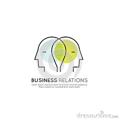 Concept of Business Relations and Partnership, Two Human Heads Connected, Brainstorming, Cooperation Concept Stock Photo