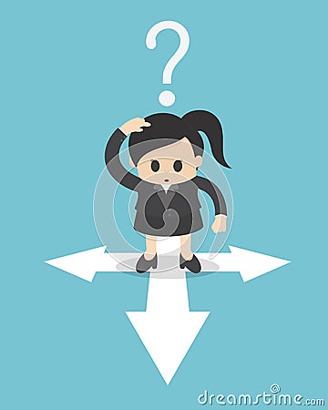 Concept Business Woman standing at crossroad confused by direct Vector Illustration