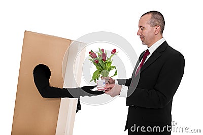 Concept: Businessman ordered a flower deliverer Stock Photo