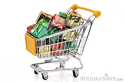 Supermarket trolley filled with gifts Stock Photo