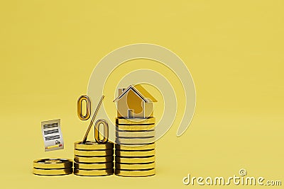 the concept of buying a house. home badges, interest and a contract on stacks of dollar coins. copy paste. 3D render Stock Photo