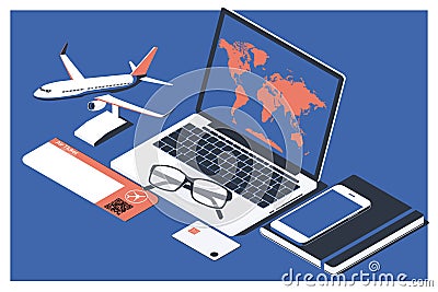 The concept of buying the online ticket booking for travel. Ticket is on the table with a phone,airplan and laptop Vector Illustration