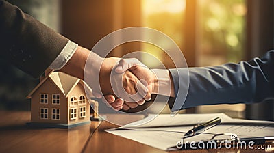 Concept of buying real estate. Handshake between the buyer and seller, with a miniature house and a contract in the background Stock Photo