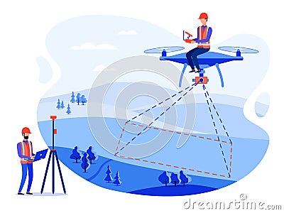 Concept cadastral engineers, surveyors and cartographers make geodetic measurements using a drone, copter Cartoon Illustration