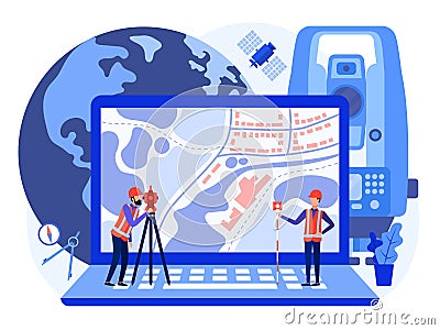 Concept cadastral engineers, surveyors and cartographers produce geodetic survey of the area using theodolite and map on a laptop Cartoon Illustration