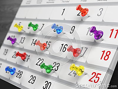 Concept of calendar, reminder, organizing - calendar with colorful pins Cartoon Illustration