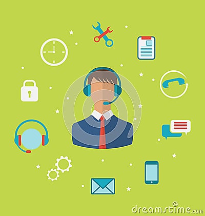 Concept of call center with operator man in headset , helpdesk s Vector Illustration