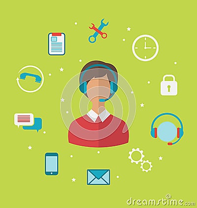 Concept of call center with operator woman in headset , helpdesk service Vector Illustration