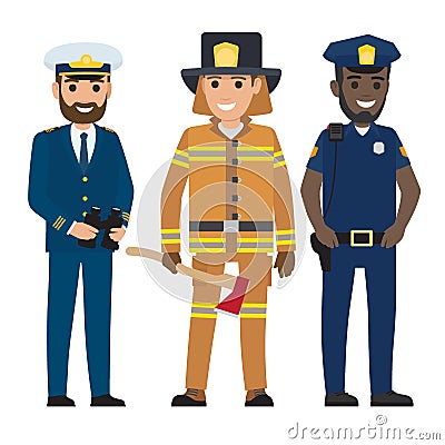 Concept of Captain, Firefighter and Police Officer Vector Illustration