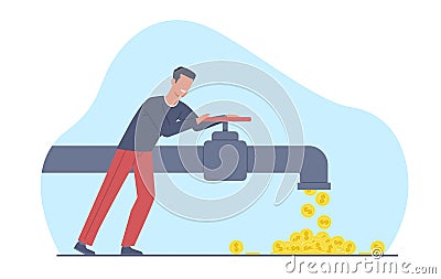 Concept of cash flow, man opening money faucet. Making profit, wealthy rich businessman, passive income and investing Vector Illustration