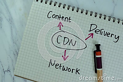 Concept of CDR - Content Delivery Network write on a book with statistics isolated on Wooden Table Stock Photo