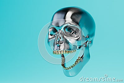 the concept of celebrating Halloween. a metal skull with an open mouth on a blue background. 3D render Stock Photo