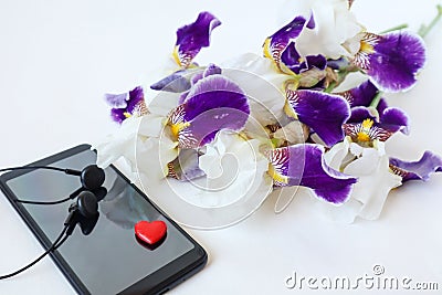 The concept of celebrating Valentine`s Day - a red heart on the phone against a bouquet of irises Stock Photo