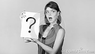 Concept - challenging issue, looking for the answer. Thinking woman. Girl question. Woman with doubtful expression and Stock Photo