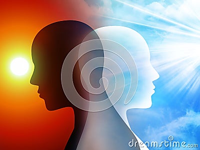 Concept change of mood. Emotions. Bipolar disorder mind mental. Split personality. Silhouette heads of man Stock Photo