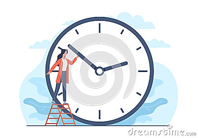 Concept of changing to summer or winter time, woman changes hand of clock. Wintertime and summertime setting. Clock to Vector Illustration