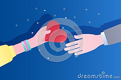 Concept of charity and donation. Give and share your love to people. The hand of the woman gives the symbol of heart to Vector Illustration