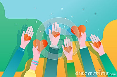 Concept of charity and donation. Give and share your love to people. Hands holding a heart symbol. Vector Illustration