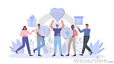 Concept of charity and donation. People give and share love, money, boxes with clothing, food, medicines,products to poor, Vector Illustration