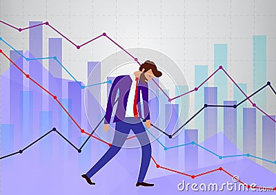 concept of chart in fall, economy going down. drooping bearded man in a suit with a red tie walks dejectedly with background of Cartoon Illustration