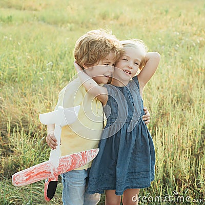 The concept of child kindness and childhood. Childhood memories. Active children concept. Cute children walking in the Stock Photo