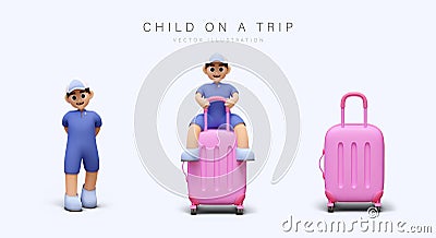 Concept of child on trip. Boy in blue clothes, pink suitcase, toddler sitting on luggage Vector Illustration