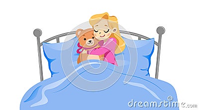 Concept Of Childhood. Young Happy Girl Lying With Teddy Bear In A Bed. Girl Is Hugging Toy Lying On The Bed Under Vector Illustration