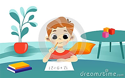 Concept Of Children Education And Back To School. Smiling Boy Do Homework On Mathematics At Home. Child Study Online Vector Illustration