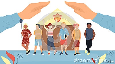 Concept Of Children s Day, Protection Of Kids, Health Insurance And Childhood. Group Of Happy Kids Or Teens Standing Vector Illustration