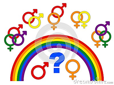 Concept of choice or gender symbol confusion with rainbow arrows, couple selection Stock Photo