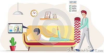 Concept of choosing fabric. Woman orders carpet in an online store with textile rolls, rugs or mats Vector Illustration