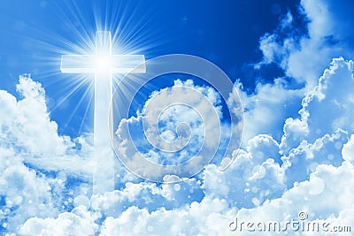 Concept of christian religion shining cross on the background of cloudy sky. Sky with cross and beautiful cloud. Divine shining Stock Photo