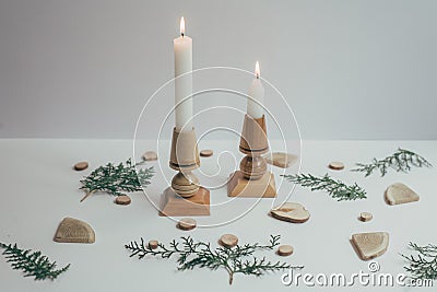 The concept of Christmas decor from natural materials. Christmas decor in eco-style. Selective focus. Horizontal. Stock Photo