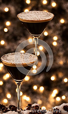 A Christmas Espresso Martini, Set Against A Backdrop Of A Snowy Balcony, Illuminated By Fairy Lights. Generative AI Stock Photo