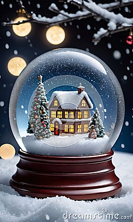 A Christmas Snow Globe, The Scene Inside Illuminated By Moonlight. Generative AI Stock Photo