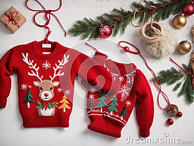 Christmas Sweaters With Reindeer And Snowfl. Generative AI Stock Photo