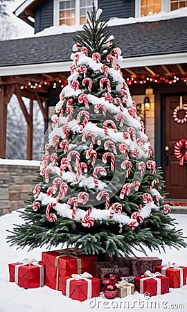 A Christmas Tree Decorated With Candy Canes In A Snowy Outdoor Settin. Generative AI Stock Photo
