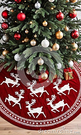 A Christmas Tree Skirt With Reindeers And Snowfl. Generative AI Stock Photo