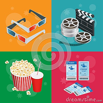 Concept cinema banners. Realistic Cinema concept with movie theatre elements. Movie poster template with film reel Vector Illustration