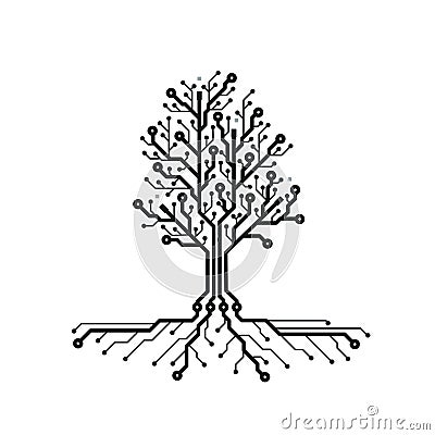 Concept circuit board tree. Futuristic background with tech tree. PCB. Black and white texture. Vector illustration Vector Illustration