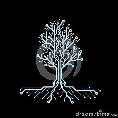 Concept circuit board tree. Futuristic background with tech tree. PCB. Future technology, blue cyber natural resources. Vector Illustration