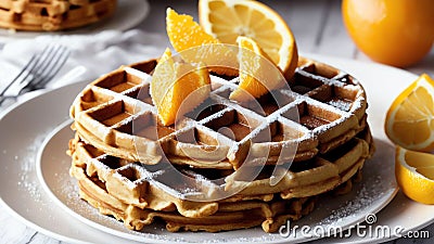 Citrus Delight Celebrating National Waffle Day with the Tangy Sweetness of Fresh Orange Sl.AI Generated Stock Photo