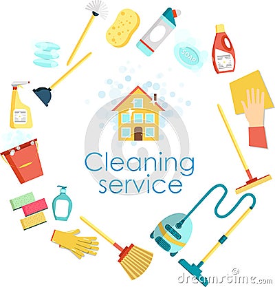 Concept of cleaning service. Flat vector set of cleaning tools and household supplies. Minimal vector graphics for web site, poste Vector Illustration