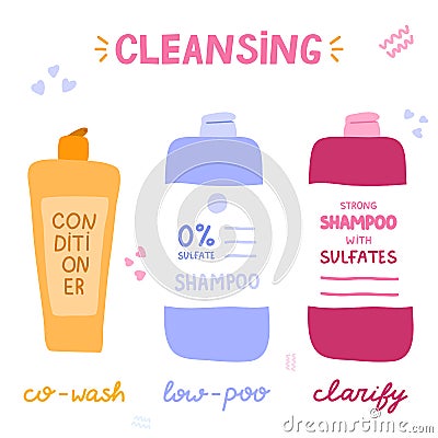 Concept of cleansing by Curly Girl Method. Different types of cosmetic products for clarifying curly, wavy hair. Soft sulfate free Vector Illustration