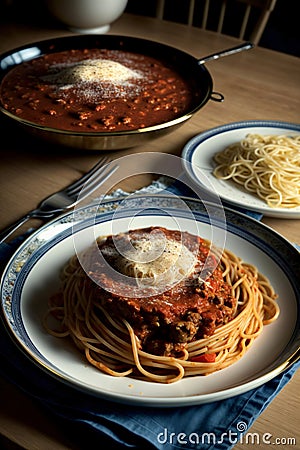 A Close Up Of A Plate Of Spaghetti On A Table. Generative AI Stock Photo