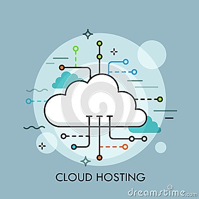 Concept of cloud computing service or technology, big data storage and hosting, online file download, upload, management Vector Illustration