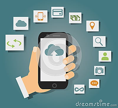 Concept of cloud services on mobile phone such as storage, computing, search, photo album, data exchange. Vector Illustration